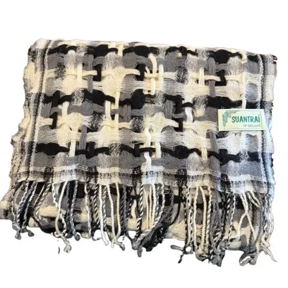 Suantrai of Ireland Open Weave Black White & Gray Wool Scarf - Picture 2 of 7